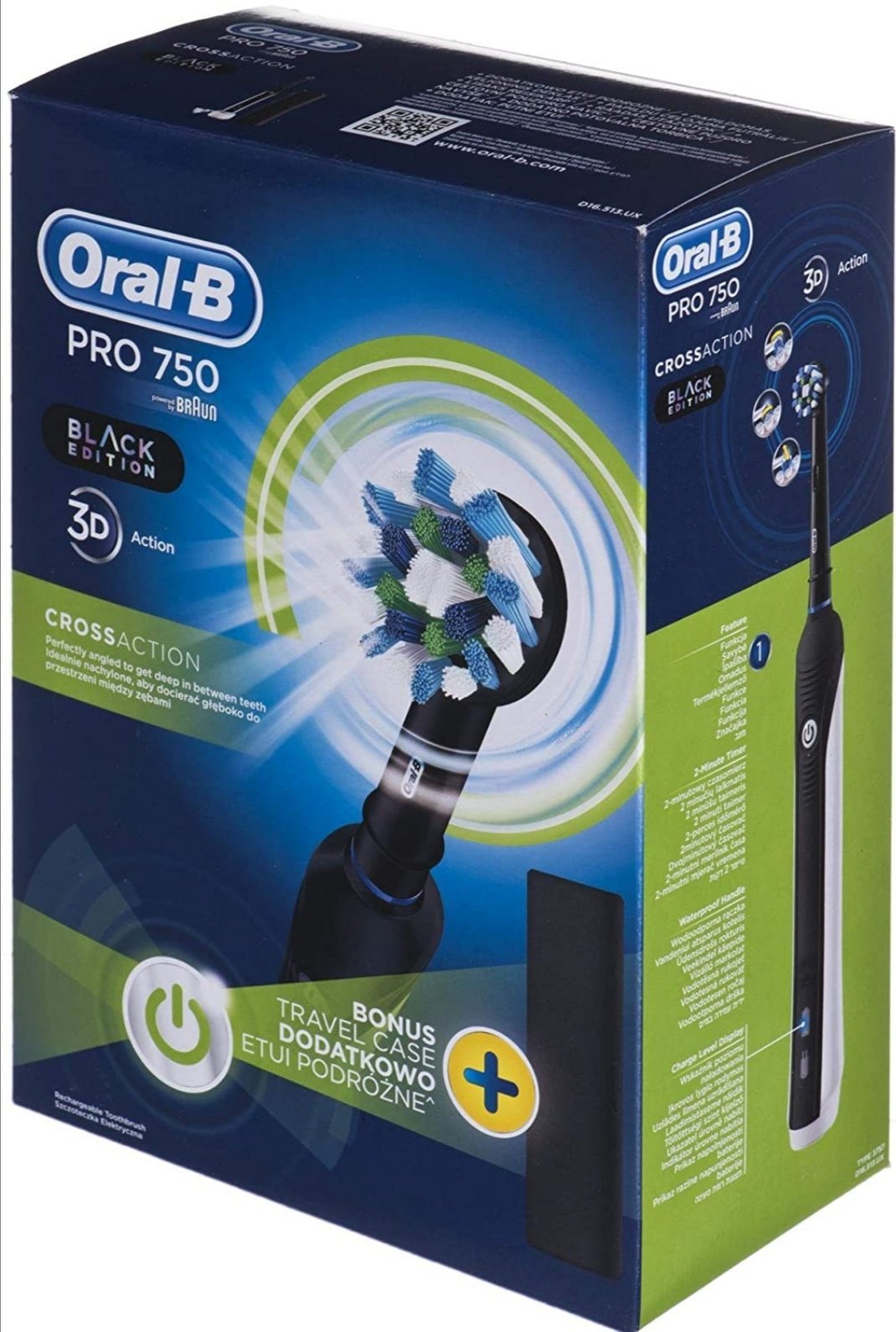 Pro1 750 Cross Action Electric Toothbrush Powered by Braun + Travel Case - Black Edition-Oral-B