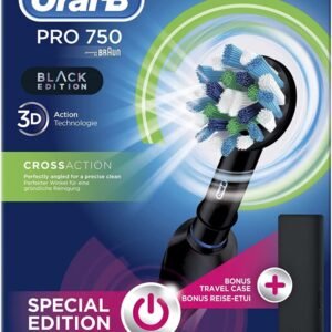 Oral-B PRO 1 750 Black Edition Elektrische Zahnbürste/Electric Toothbrush für eine gründliche Zahnreinigung, 1 Putzprogamm, Drucksensor, Timer & Reiseetui, 1 CrossAction Aufsteckbürste, schwarz