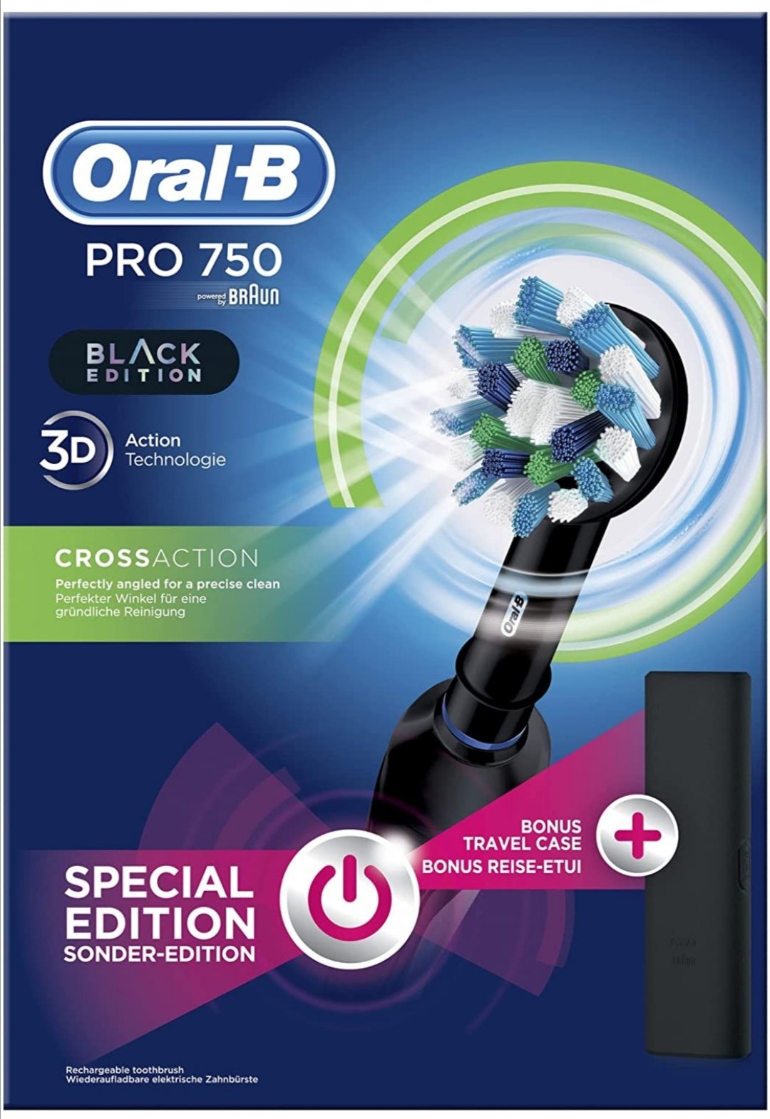 Oral-B PRO 1 750 Black Edition Elektrische Zahnbürste/Electric Toothbrush für eine gründliche Zahnreinigung, 1 Putzprogamm, Drucksensor, Timer & Reiseetui, 1 CrossAction Aufsteckbürste, schwarz