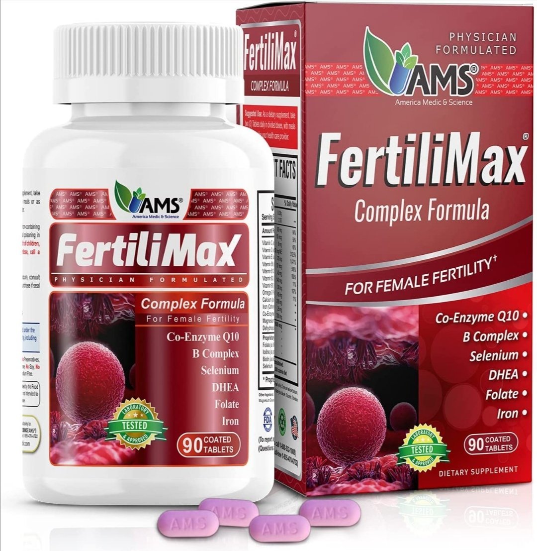 America Medic & Science FertiliMax, Fertility Supplements for Women, Supports Conception, Improves IVF Pregnancy Chances, Prenatal Vitamins with Folate, CoQ10, Iron, DHEA and Selenium, 90 Count