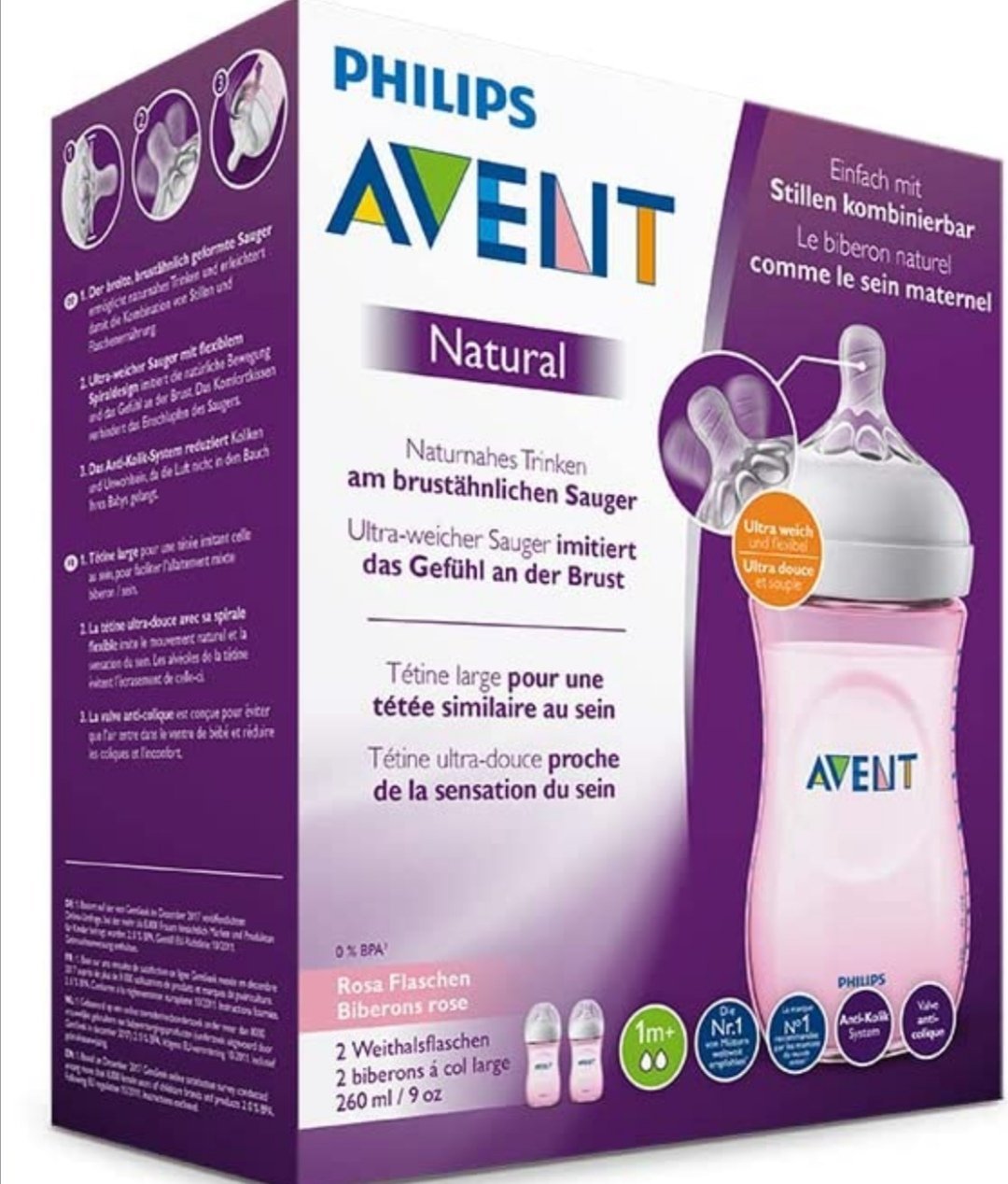 Philips Avent Natural Baby Bottle, 260 ml, Pink - Set of 2