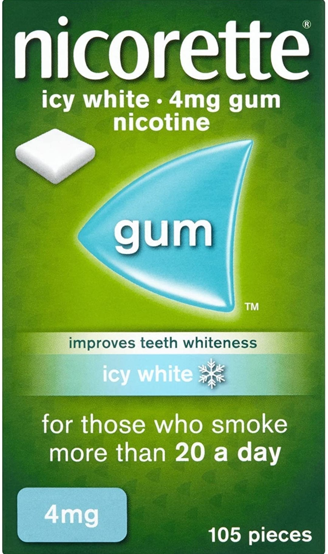 Nicorette Gum 4mg Ice White, Nicotine Gum, Fast, Chewing Whitening Gum 1 Pack x 105 Pieces (Quit Smoking and Stop Smoking Aid Nicotine Gum (White, 4mg)